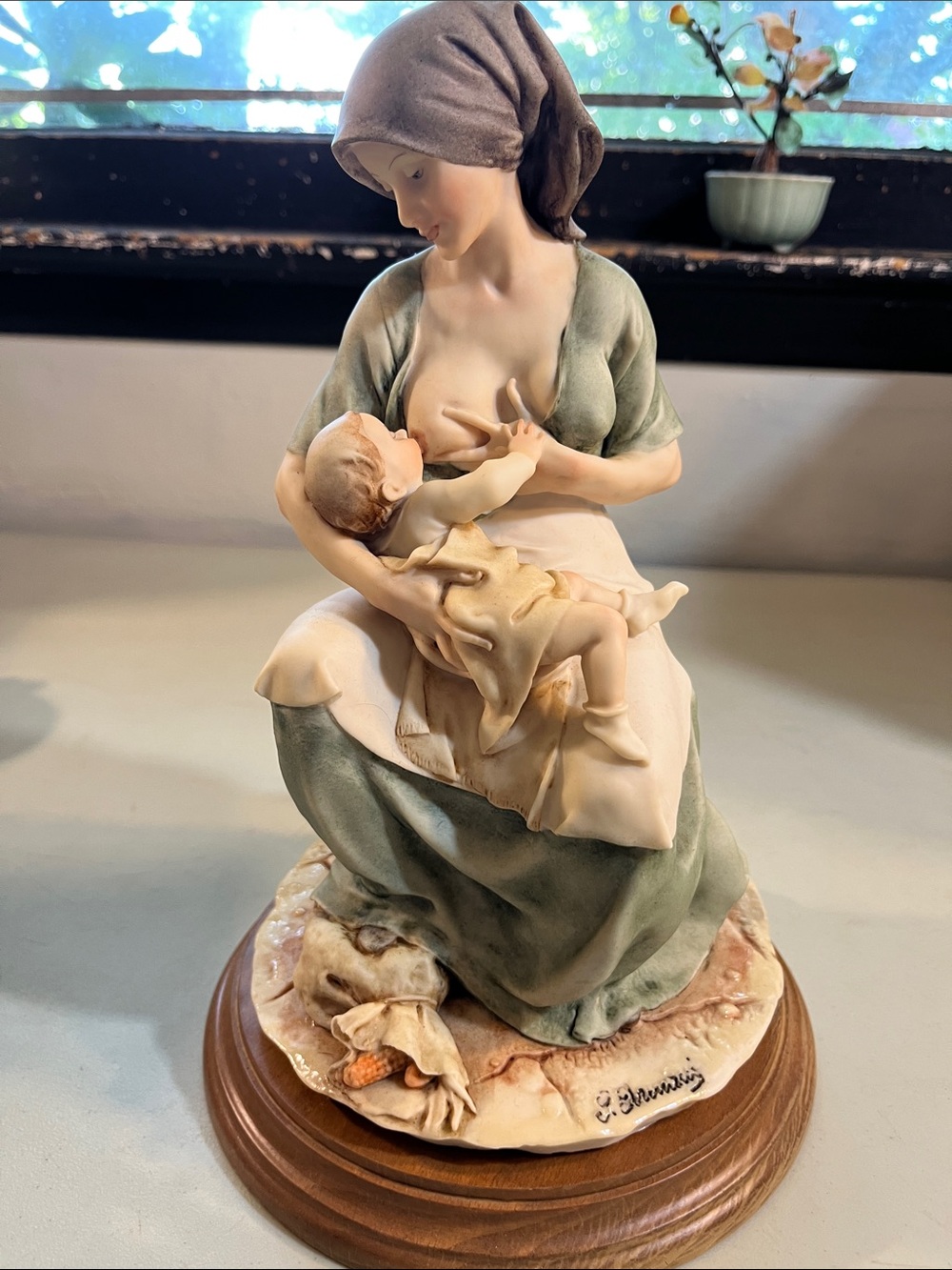 Handcrafted Mother and Child Sculpture - Soft Green and Cream